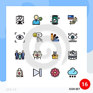 Modern Set of 16 Flat Color Filled Lines and symbols such as view, eye, docs, american, speaker