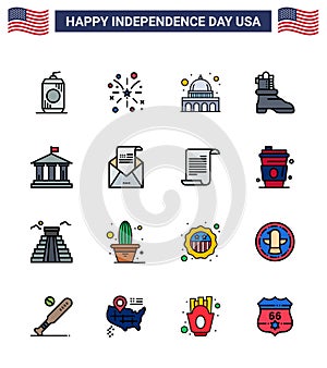 Modern Set of 16 Flat Filled Lines and symbols on USA Independence Day such as american; bank; capitol; american; shose