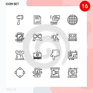 Modern Set of 16 Outlines Pictograph of food, chating, chart, conversation, statistics