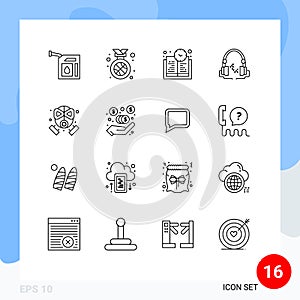 Modern Set of 16 Outlines Pictograph of mask, fire, book time, handfree, music