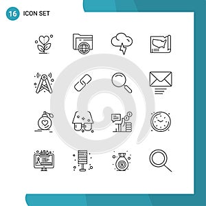 Modern Set of 16 Outlines and symbols such as signal, usa, globe, united, map