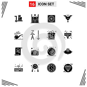 Modern Set of 16 Solid Glyphs Pictograph of alphabetical, smoke, computer, pipe, wings