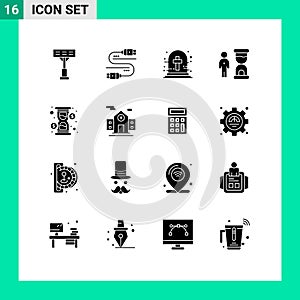 Modern Set of 16 Solid Glyphs Pictograph of hour, person, halloween cross, optimization, deadline