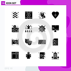 Modern Set of 16 Solid Glyphs Pictograph of management, location, bird, human heart, heart