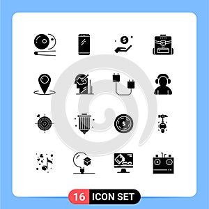 Modern Set of 16 Solid Glyphs Pictograph of service, backbag, iphone, bag, charity