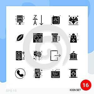 Modern Set of 16 Solid Glyphs and symbols such as football, afl, employee, night, bats