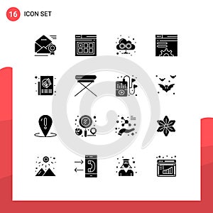 Modern Set of 16 Solid Glyphs and symbols such as news, ads, browser, web brower, server