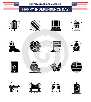 Modern Set of 16 Solid Glyphs and symbols on USA Independence Day such as movis; boot; american; shose; drink