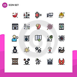 Modern Set of 25 Filled line Flat Colors and symbols such as labour, pc, traning, gaming, computer