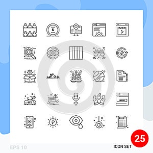 Modern Set of 25 Lines Pictograph of film, browser, map, web brower, server