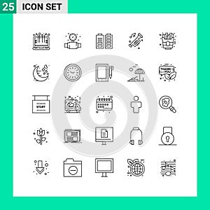 Modern Set of 25 Lines and symbols such as fast food, noise, acumulator, horn, accessories