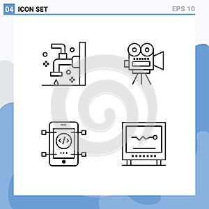 Modern Set of 4 Filledline Flat Colors and symbols such as bath, mobile, faucet, movi, development