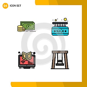 Modern Set of 4 Filledline Flat Colors and symbols such as finance, e, money, sign, webinar