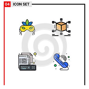 Modern Set of 4 Filledline Flat Colors and symbols such as mask, computer, mardigras, puzzle, keyboard