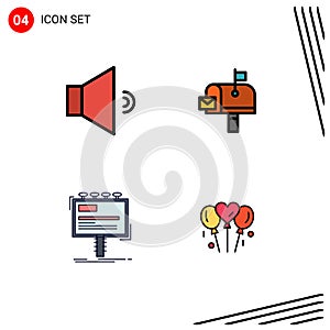 Modern Set of 4 Filledline Flat Colors and symbols such as sound, advertising, mail, postoffice, promo