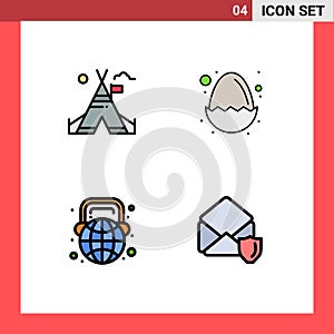 Modern Set of 4 Filledline Flat Colors and symbols such as tent free, globe, american, egg, world