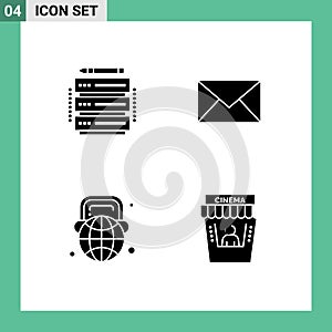 Modern Set of 4 Solid Glyphs and symbols such as edit, globe, server, message, world