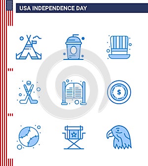 Modern Set of 9 Blues and symbols on USA Independence Day such as bar; ice; independece; hokey; usa