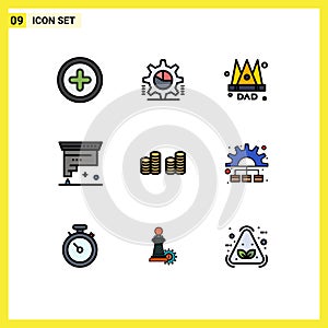 Modern Set of 9 Filledline Flat Colors Pictograph of cash, development, crown, design, cartridge