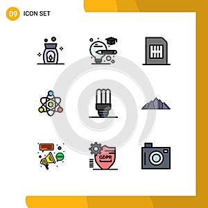 Modern Set of 9 Filledline Flat Colors and symbols such as hill, lamp, devices, energy saving, educate