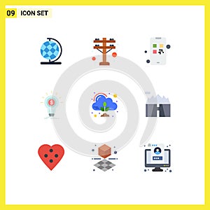 Modern Set of 9 Flat Colors Pictograph of control, emission, money, startup, idea