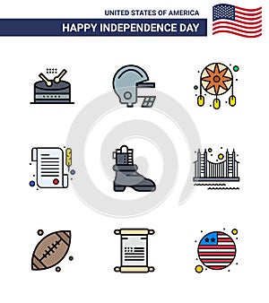 Modern Set of 9 Flat Filled Lines and symbols on USA Independence Day such as bridge; boot; decoration; shose; receipt