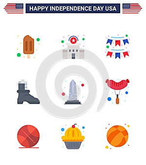 Modern Set of 9 Flats and symbols on USA Independence Day such as sight; landmark; buntings; american; shose