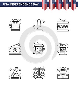 Modern Set of 9 Lines and symbols on USA Independence Day such as usa; money; washington; dollar; parade