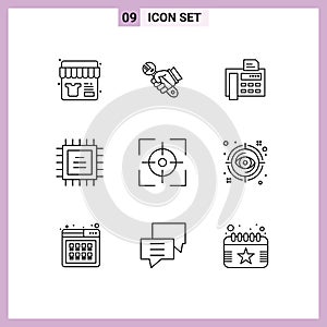 Modern Set of 9 Outlines Pictograph of crosshair, cpu, hand, chipset, fax machine