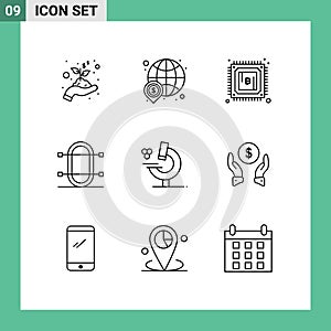 Modern Set of 9 Outlines Pictograph of education, rowing, bitcoin, physic, crew