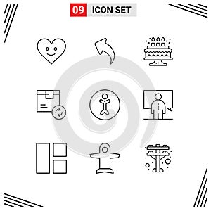 Modern Set of 9 Outlines Pictograph of person, accessibility, cake, shipping, product