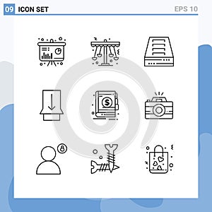 Modern Set of 9 Outlines and symbols such as economy, touch, entertainment, slide, office