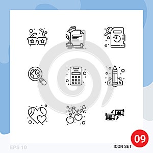 Modern Set of 9 Outlines and symbols such as education, machine, descriptive statistics, credit, magnifying glass