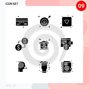 Modern Set of 9 Solid Glyphs Pictograph of house, payment, play button, money, currency