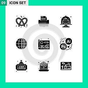 Modern Set of 9 Solid Glyphs Pictograph of world, global, office, dish, cake