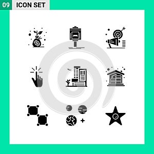 Modern Set of 9 Solid Glyphs and symbols such as gestures, finger, valley, click, target