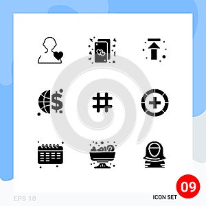 Modern Set of 9 Solid Glyphs and symbols such as tweet, follow, arrow, money, finance
