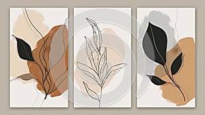 Modern set of botanical wall art. Line art drawing with abstract shape. Abstract Plant Art design for wall framed prints