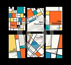 Modern set of covers, posters inspired by Mondrian s postmodern. Neoplasticism, Bauhaus.