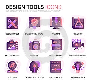 Modern Set Design Tools Gradient Flat Icons for Website and Mobile Apps. Contains such Icons as Creative, Developing