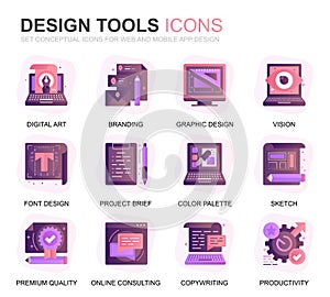 Modern Set Design Tools Gradient Flat Icons for Website and Mobile Apps. Contains such Icons as Creative, Developing