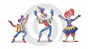 Modern set of funny circus carnival clown cartoons. The woman and the man are dressed in costumes. The performer has