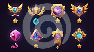 Modern set of game level icons, medals, stars, UI badges with wings, laurel and golden crowns. Bonus, reward