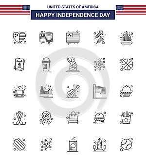 Modern Set of 25 Lines and symbols on USA Independence Day such as america; love; fire; invitation; fire