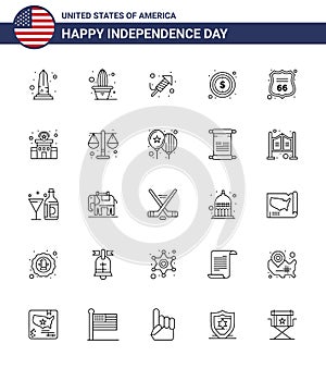 Modern Set of 25 Lines and symbols on USA Independence Day such as security; dollar; pot; money; day