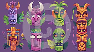 Modern set of polynesian traditional statues, ancient wood tikki masks isolated on purple background. Modern cartoon set