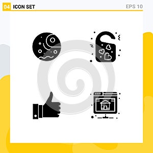 Modern Set of 4 Solid Glyphs Pictograph of distant, appriciate, planet, heart, good