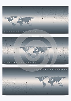 Modern set of vector banners with World Map. Geometric presentation. Molecule DNA and communication background for