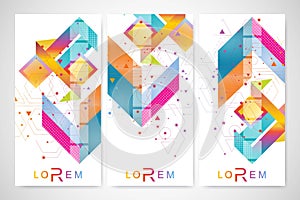 Modern set of vector flyers, banners. Geometric abstract presentation. Molecule and communication background for