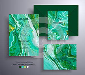 Modern set of wedding invitations with stone pattern. Mineral vector cards with marble effect and swirling paints, green